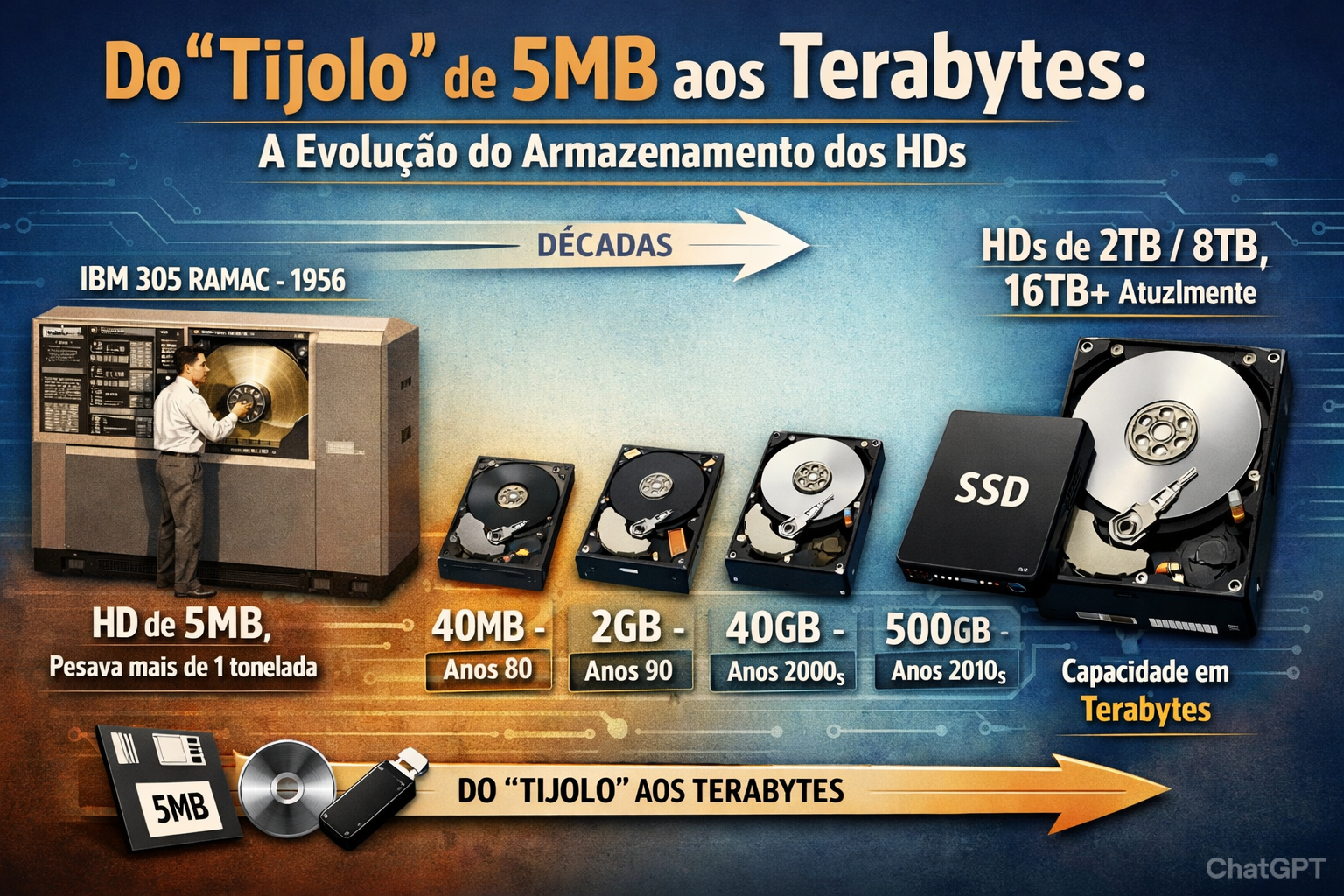 💾 Do “Tijolo” de 5MB aos Terabytes: A Evolução do Armazenamento